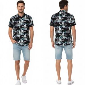 Neff Men's Birds And Feathers Hawaiian Print Button-Down Collared Short Sleeve L